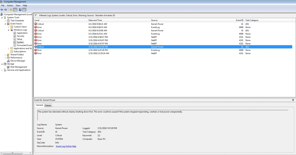 The event viewer window with a critical event due to power loss.