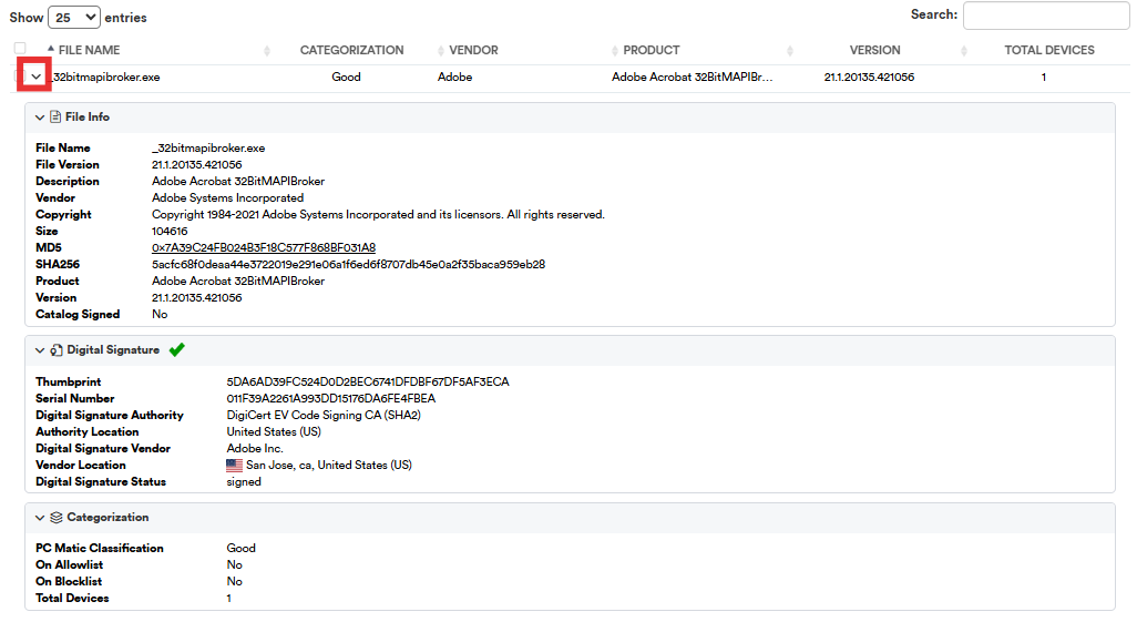 Detailed file signature data view in PC Matic