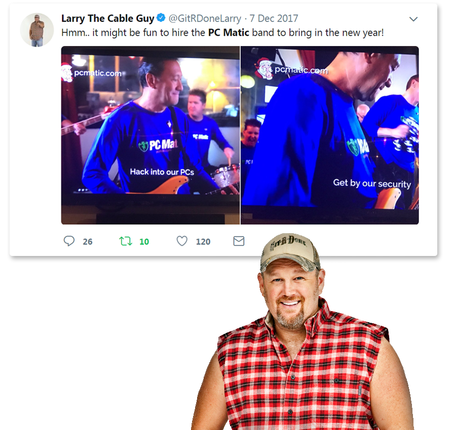 Larry the Cable Guy Tweets about PC Matic Band